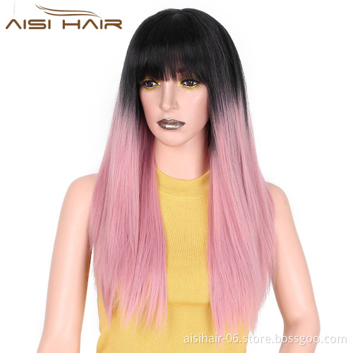 Aisi Hair Hot Selling Synthetic Ombre Pink Wig With Neat Bangs Long Straight Cosplay Wigs For Black Women Heat Resistant Fiber